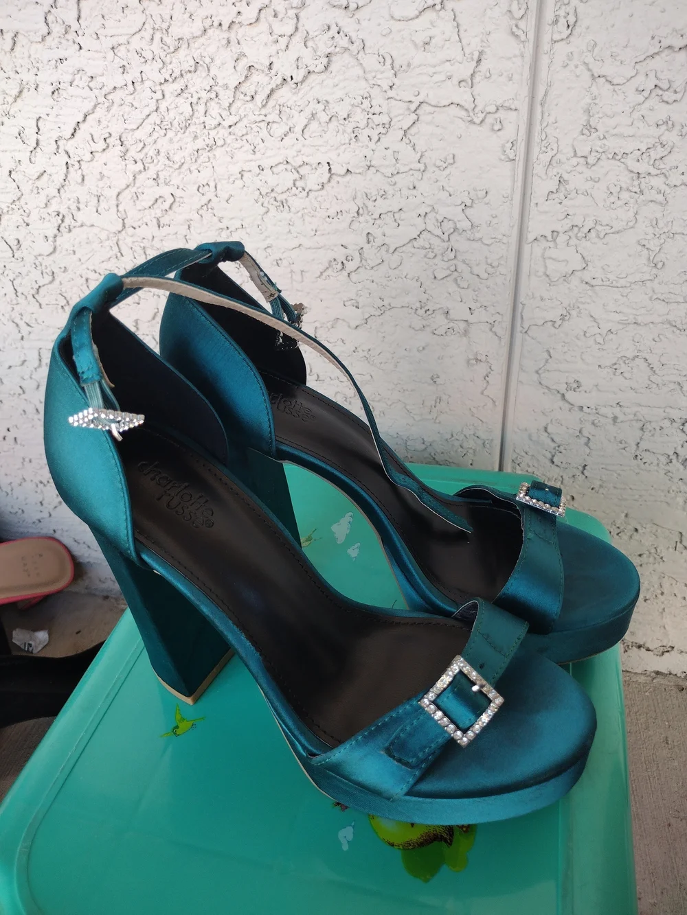 Emerald Satin Block Heel Sandals with Ankle Strap